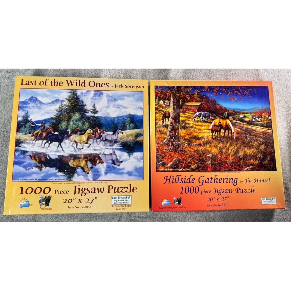 1000 Piece Jigsaw Puzzle Lot/2 Last Of The Wild Ones & Hillside Gathering Horses